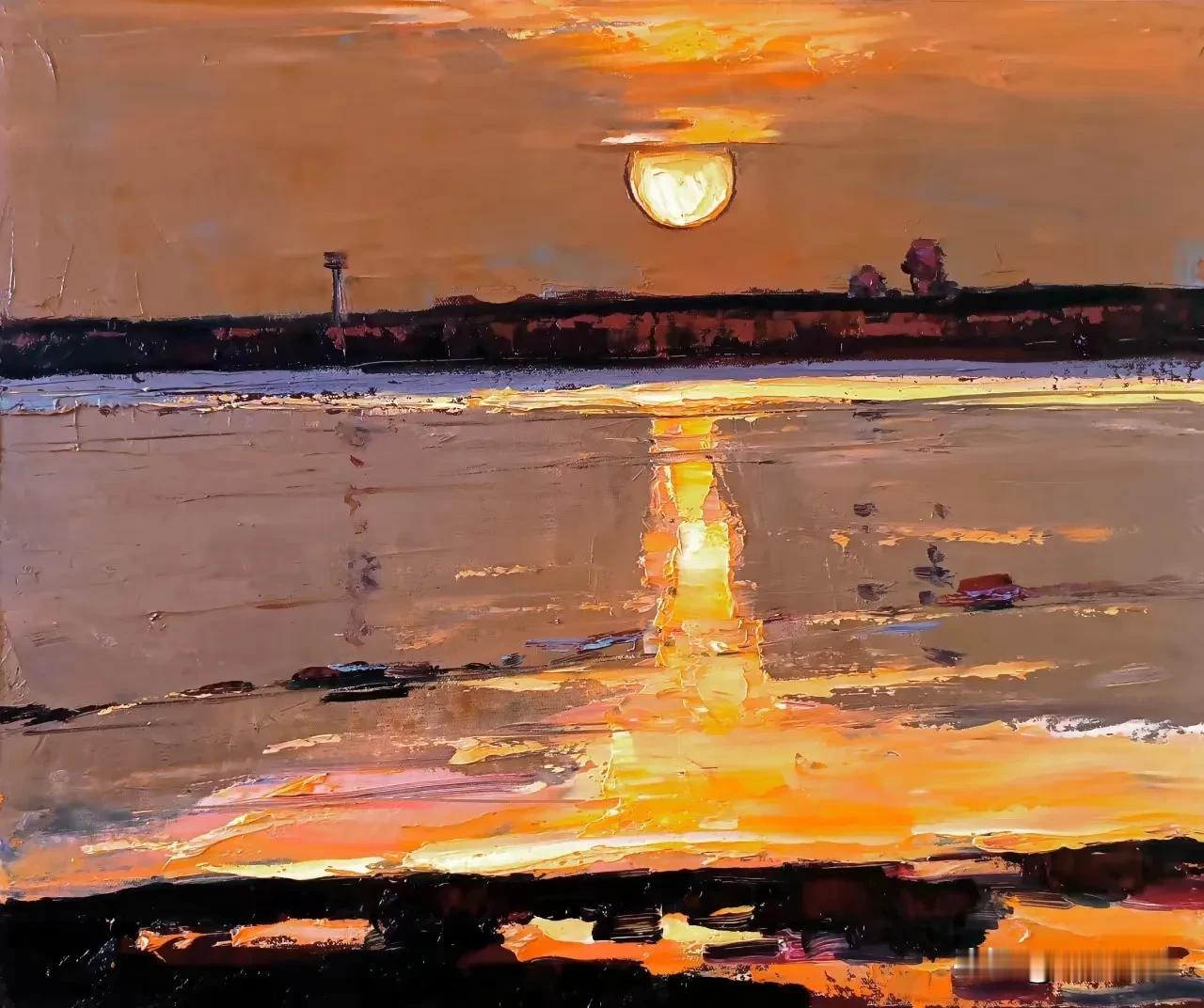 赵福油画《长河落日圆》