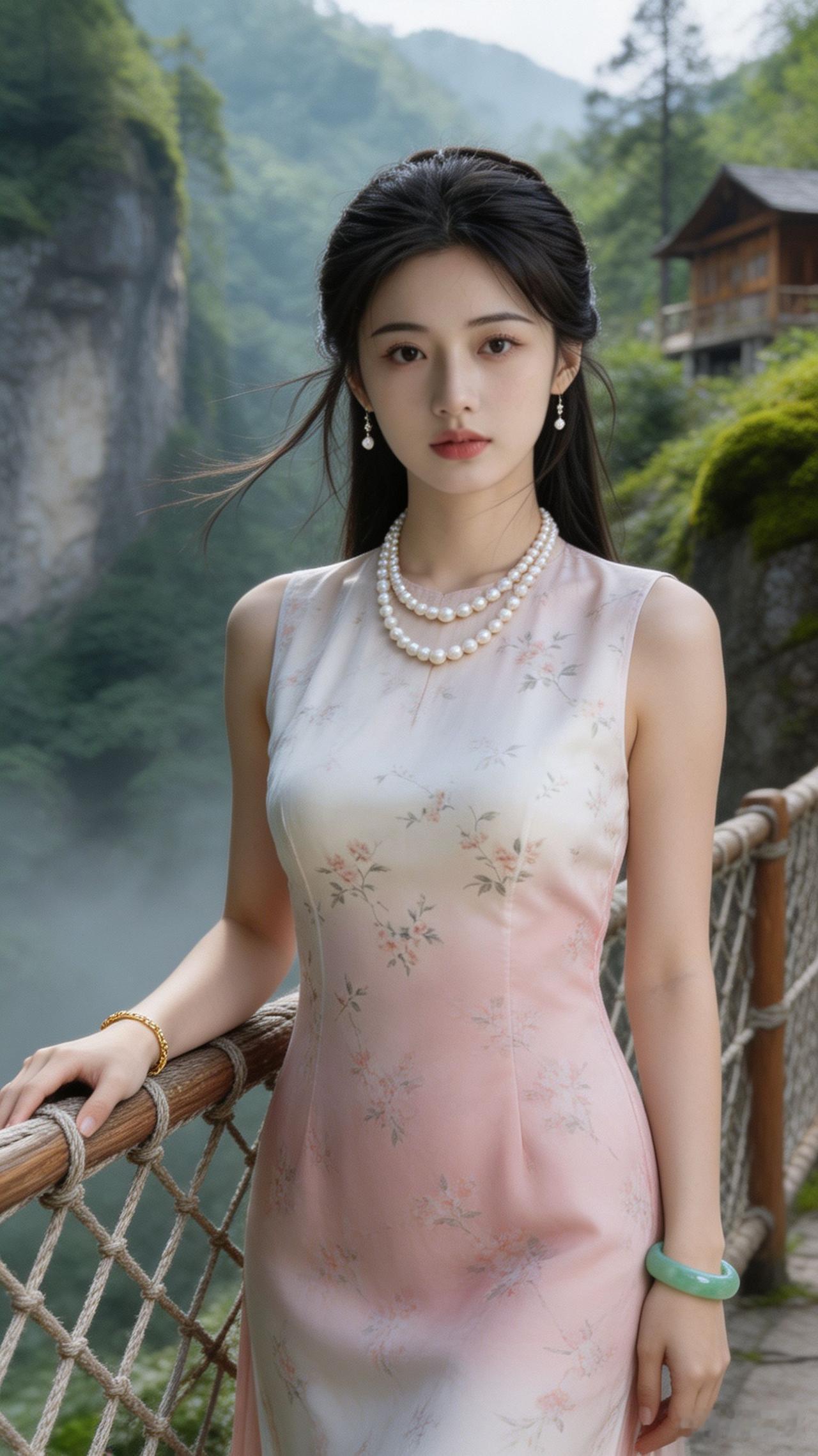 一位美女在山间小道上拍照。