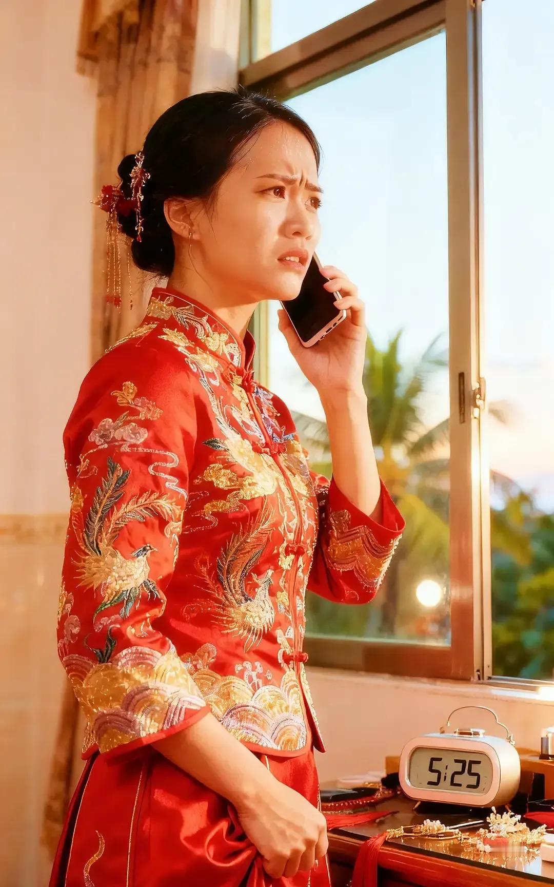 新郎五点二十还站在门口刷手机，婚车影子都没见。
他一身白西装被太阳烤得发亮，脚底