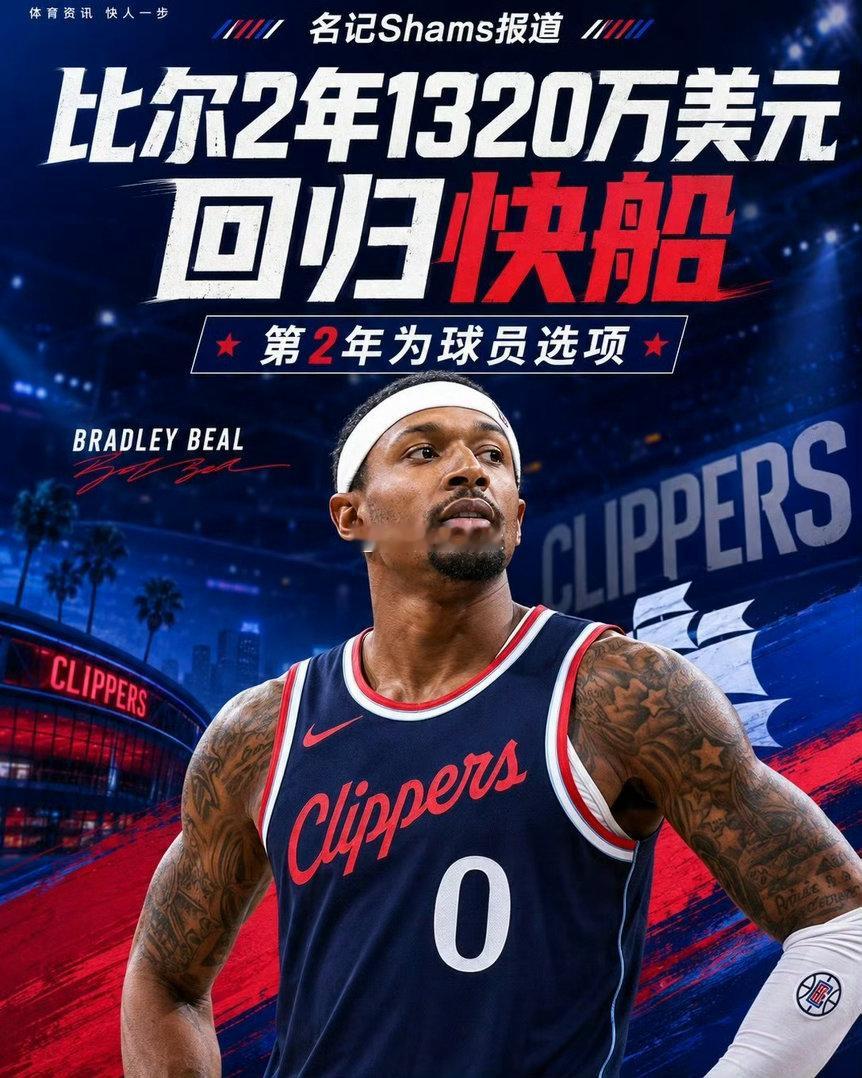 【比尔2年1320万回归快船】比尔2年1320万签约快船 8月14日，名记Sha
