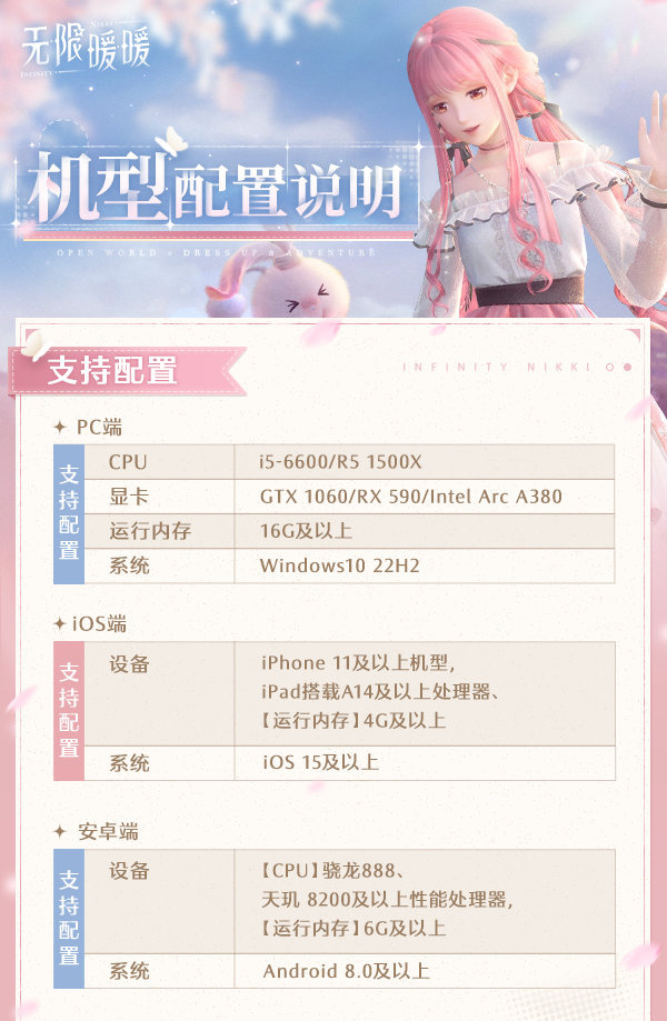 无限暖暖[超话]  无限暖暖公测定档  无限暖暖公测机型配置说明：移动端极致配置