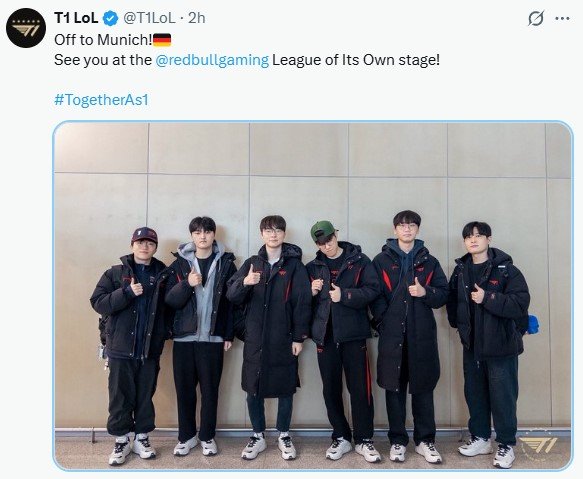 T1全队于今日机场出发去德国参加红牛杯！ T1官方也分享队员、教练机场合照。这次