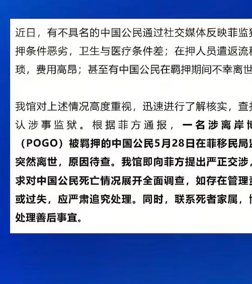 5 月 29 日，中国驻菲律宾大使馆发了个反馈说明，说有中国公民在菲律宾羁押期间