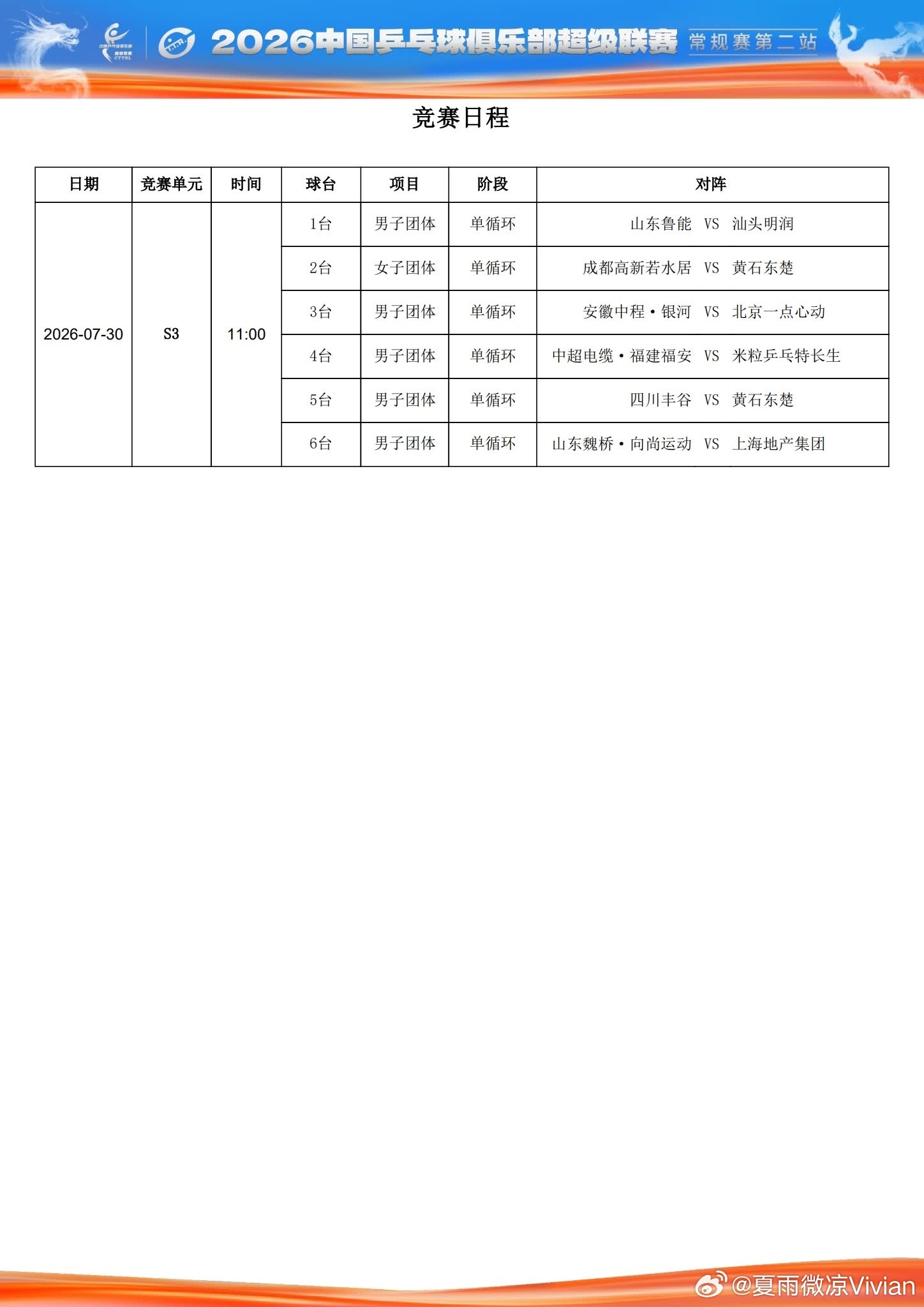 2026赛季中国乒乓球俱乐部超级联赛常规赛第二站（雄安新区）赛程，7月30日上午