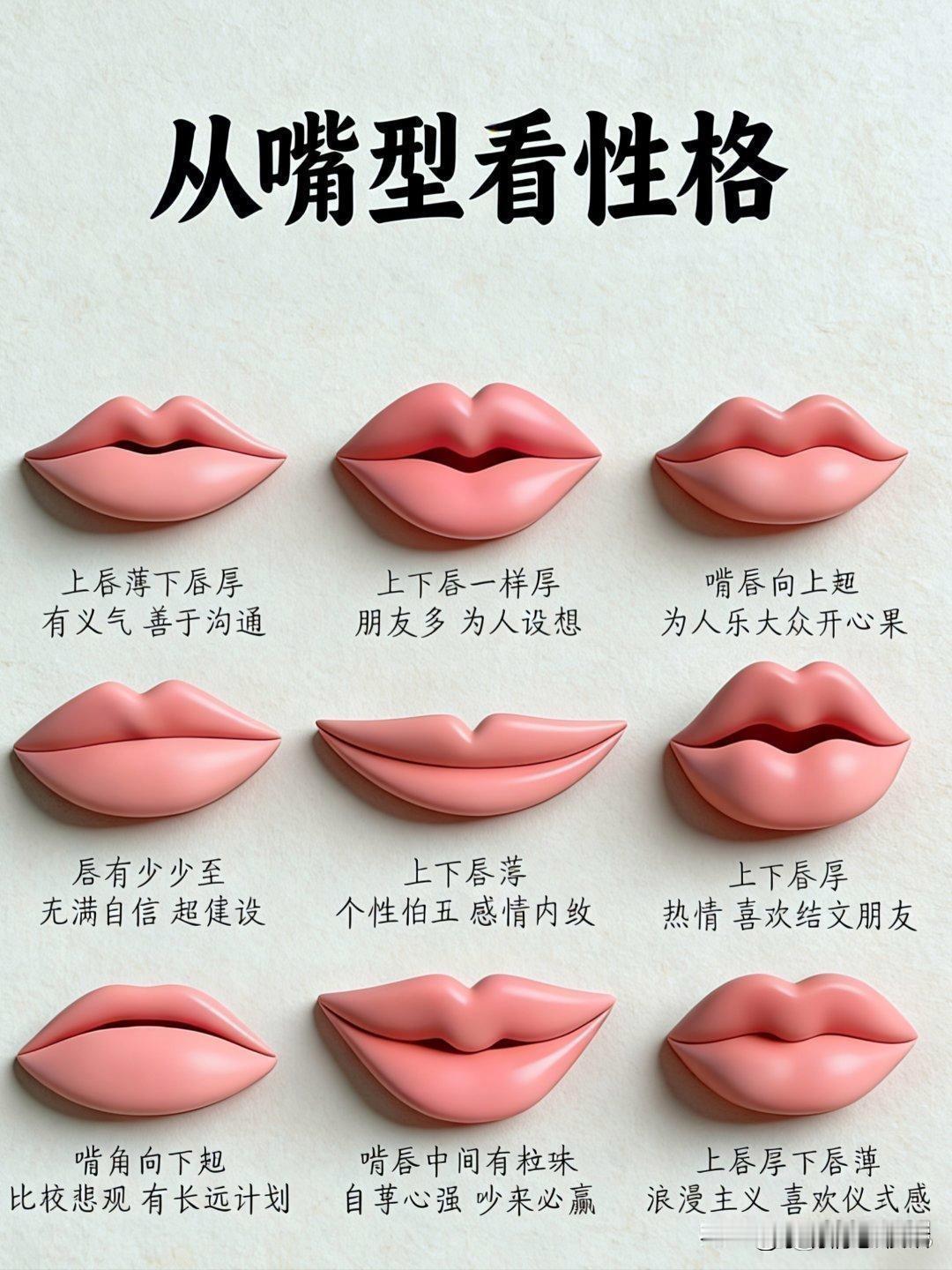这张图用嘴唇形状来推测性格，我翻完一整套嘴型对应表差点笑出声，感觉身边朋友的嘴型