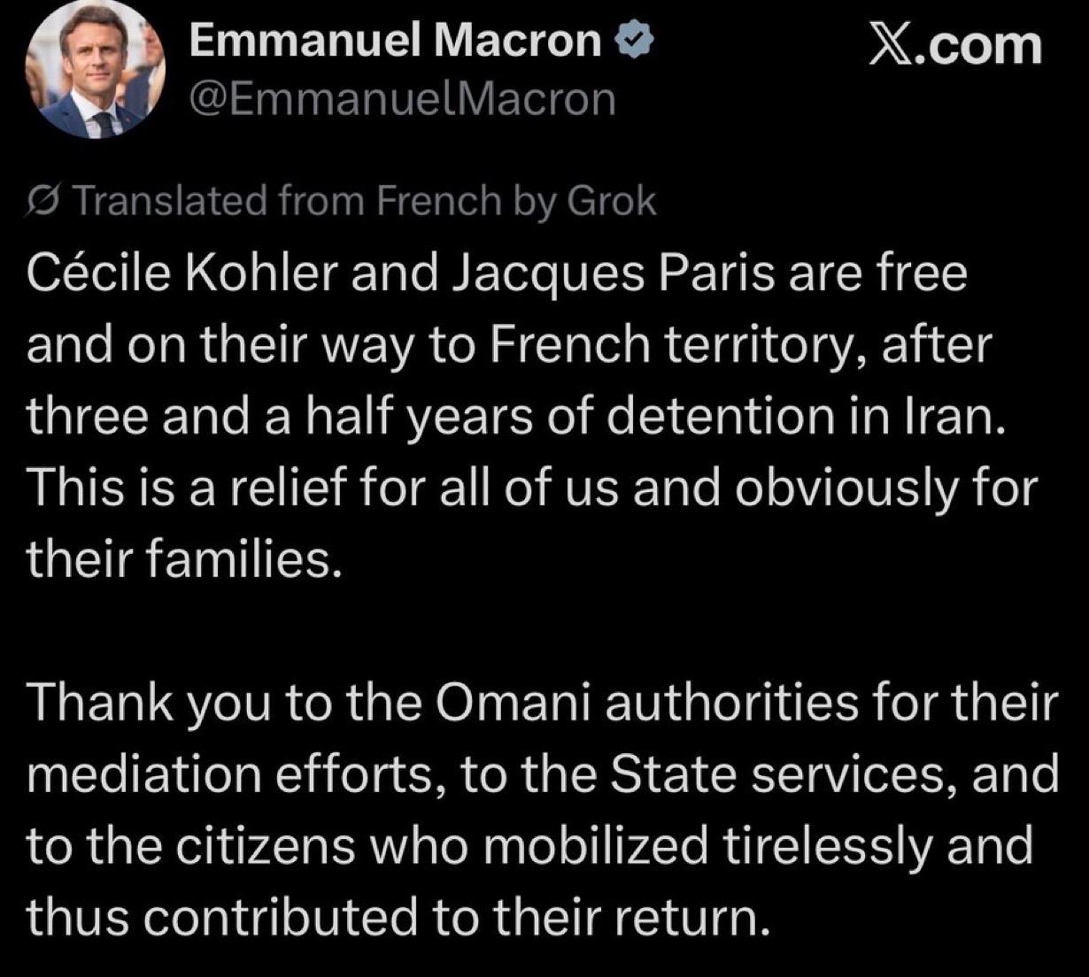 法国总统埃马纽埃尔·马克龙表示，在被伊朗当局拘留和监禁了 3.5 年后，法国公民