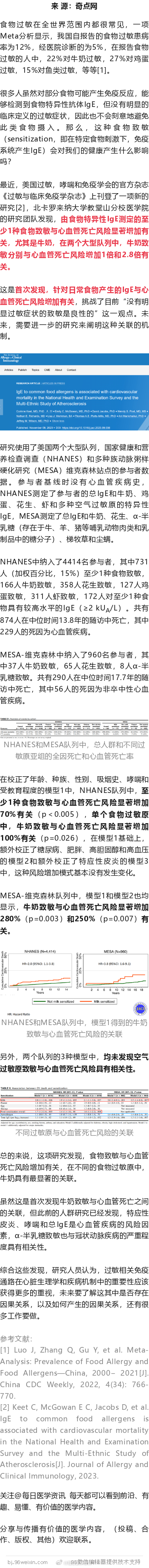 JACI：食物致敏，当心心脏！科学家发现，食物致敏与心血管死亡风险增加70%有关