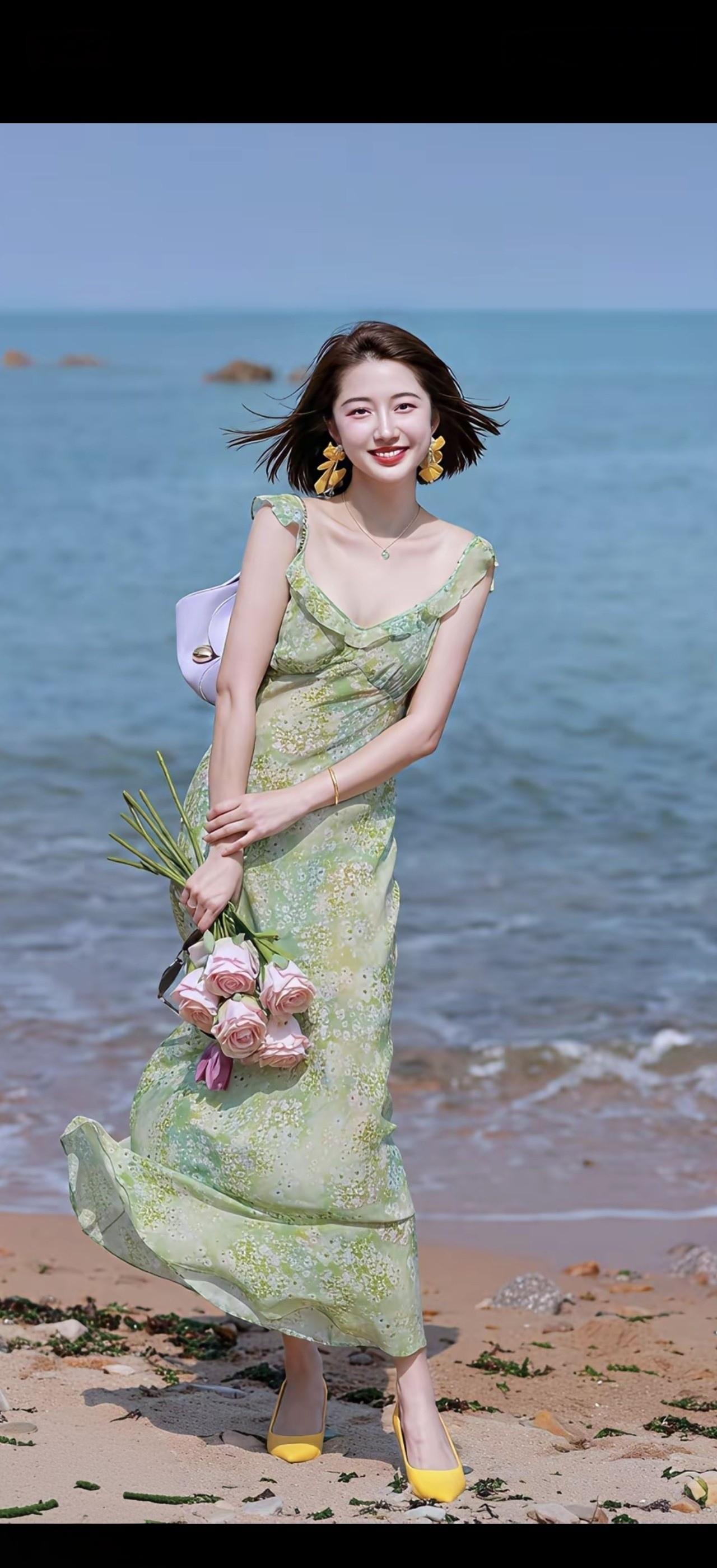 这位女士在海边拿着花，好美啊！