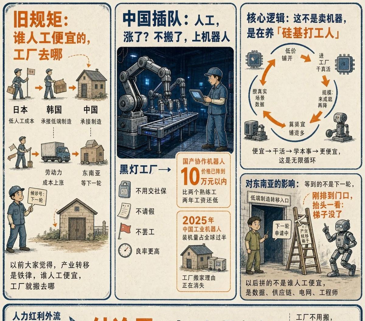 过去总觉得产业转移是铁定的：日本做完给韩国，韩国做完给中国，中国贵了就轮到东南亚