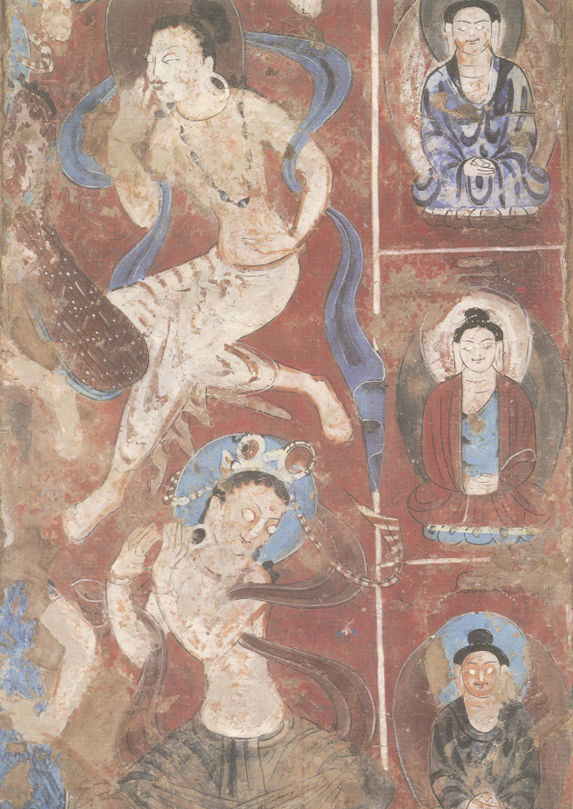 俄罗斯冬宫博物馆藏敦煌出土唐代彩绘伎乐天与千佛 