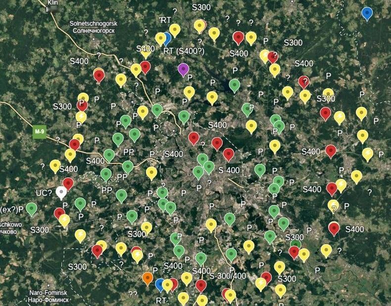 莫斯科的防空圈。
绿色的是铠甲S1防空塔，黄色的是常规防御工事，红色的是S-30