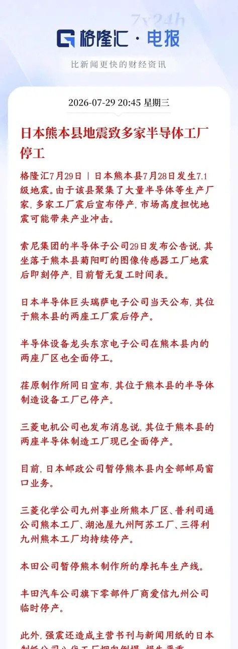 A股半导体板块重大利好消息，短期内可能催生反弹日本熊本县（九州“硅岛”核心区域）