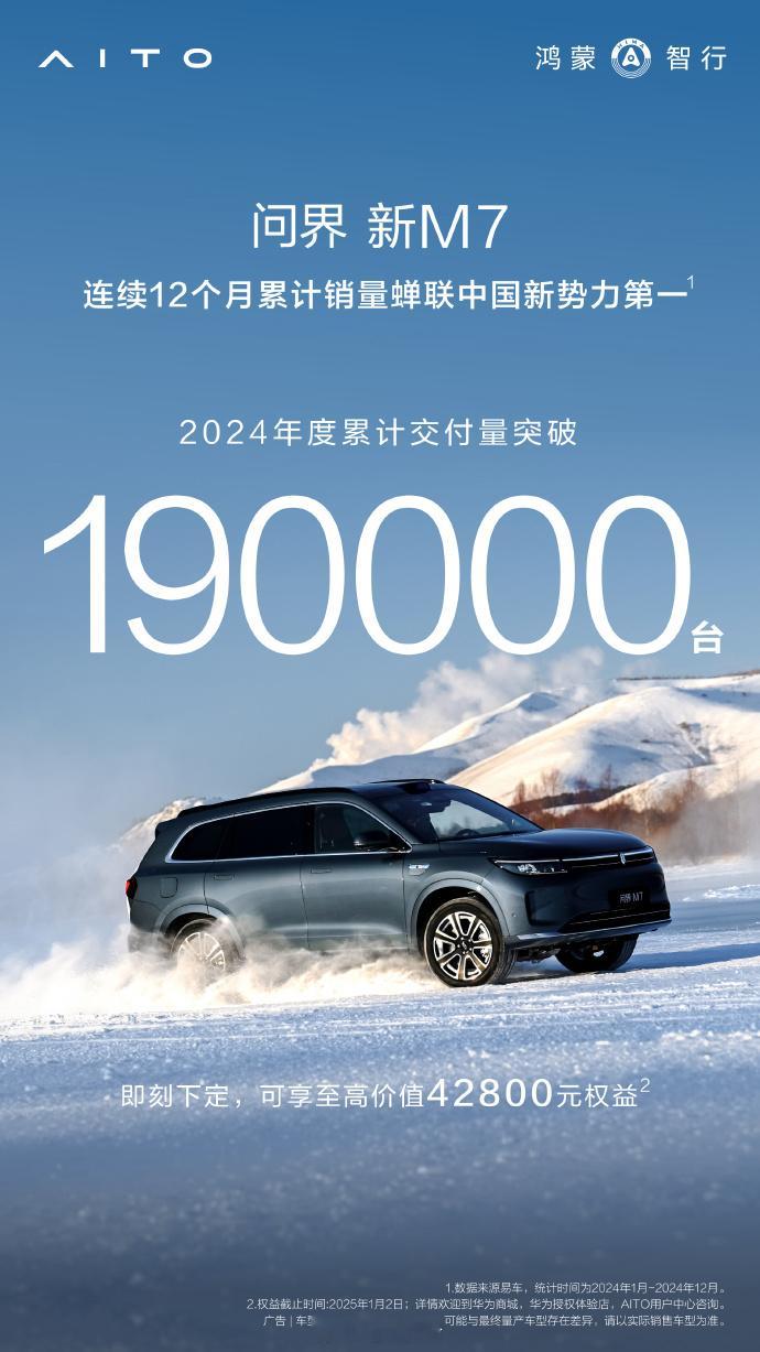 问界新M7年度累计交付突破19万辆  消息，问界新M7 2024年度累计交付量已