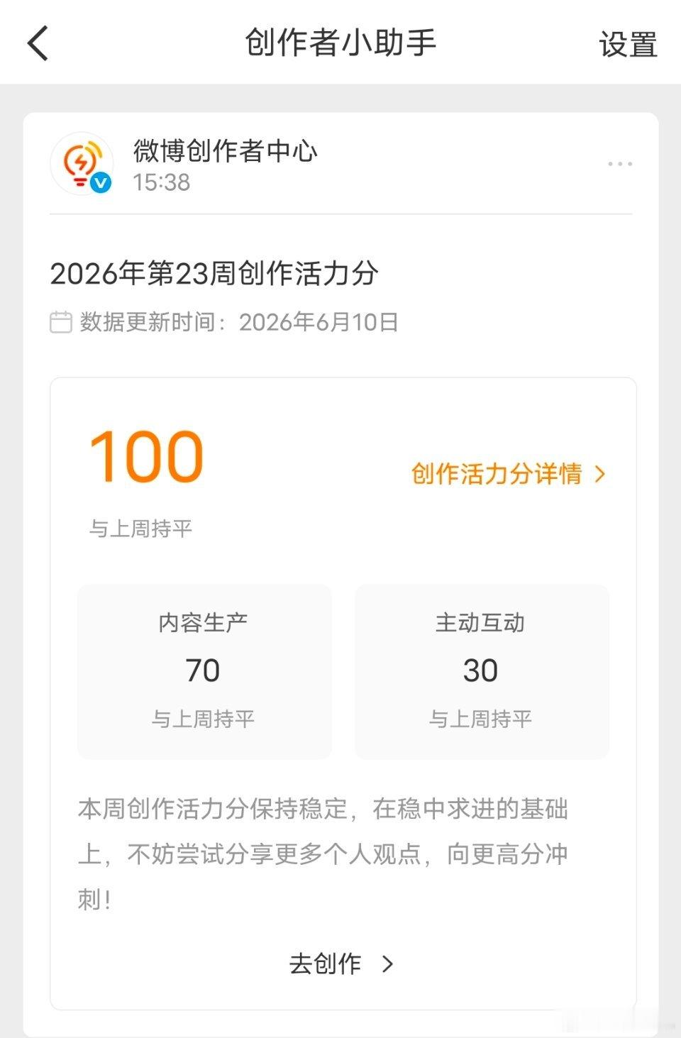 继续100分，活力满满的一周。这就叫：没有功劳也有苦劳，没有苦劳也有疲劳。 创作