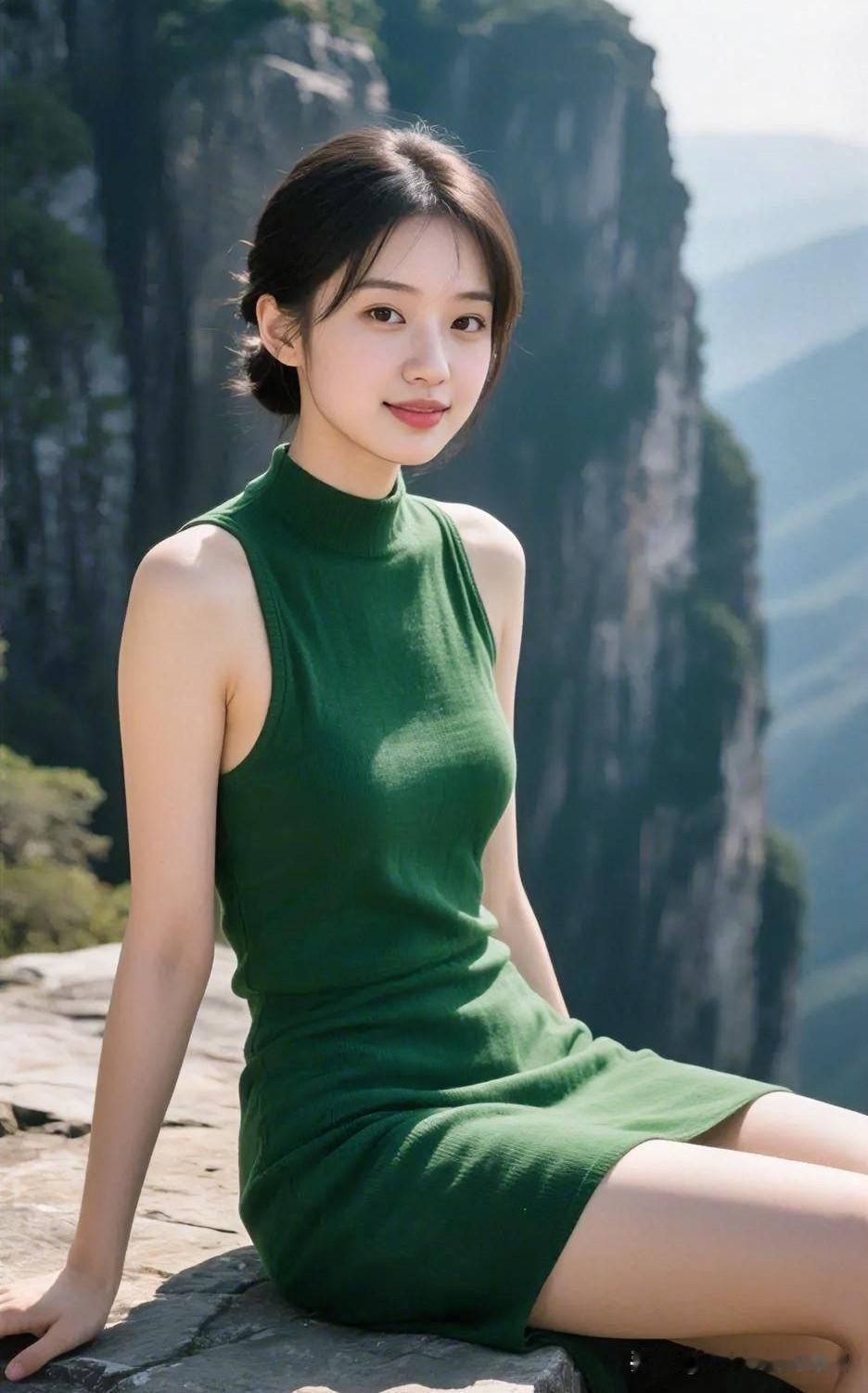 【现代散文诗】

苍崖万仞，翠色入怀。她着一袭墨绿，静坐山巅磐石，笑意浅淡如风。