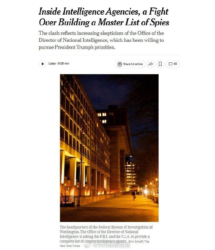 据美国《纽约时报》报道，（美国）特朗普政府正敦促美国情报机构建立一个外国间跌目标