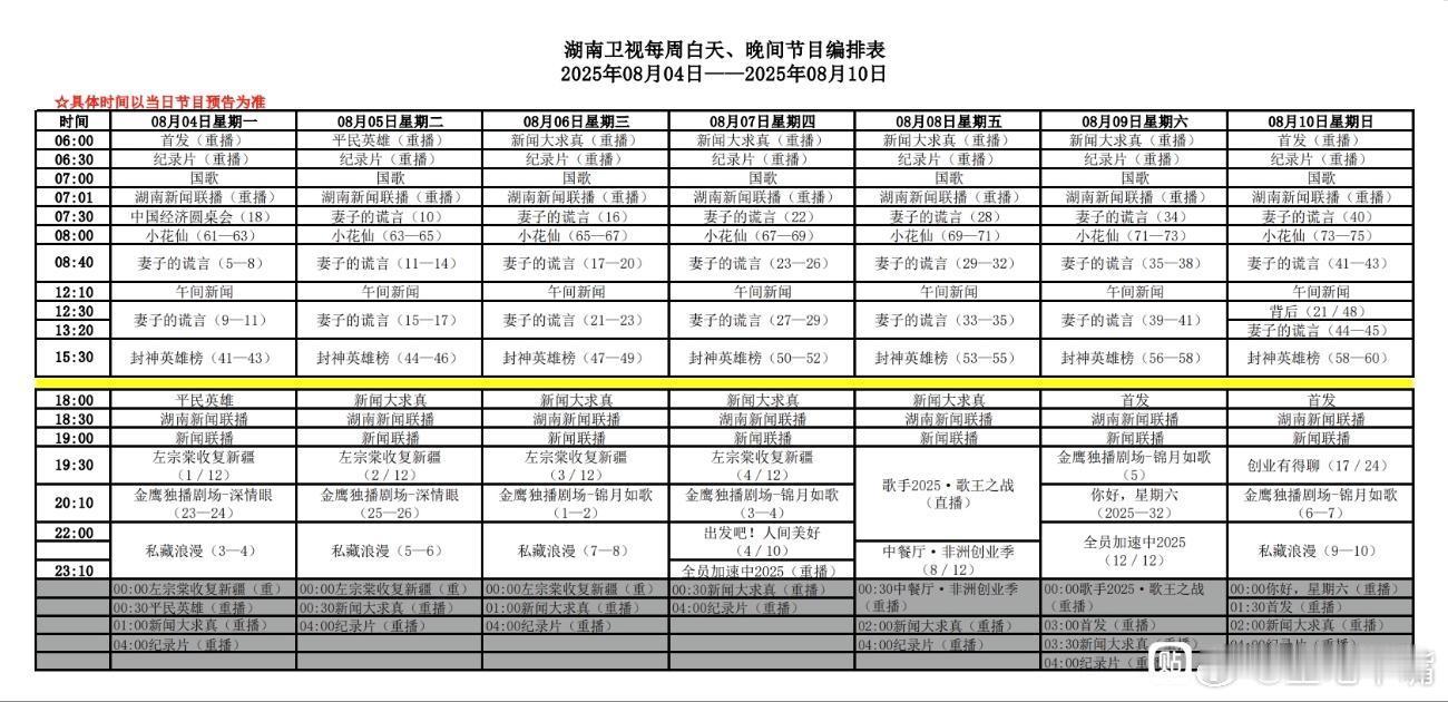 深情眼锦月如歌 湖南卫视下周编排：白天剧场：妻子的谎言下午剧场：封神英雄榜金鹰剧