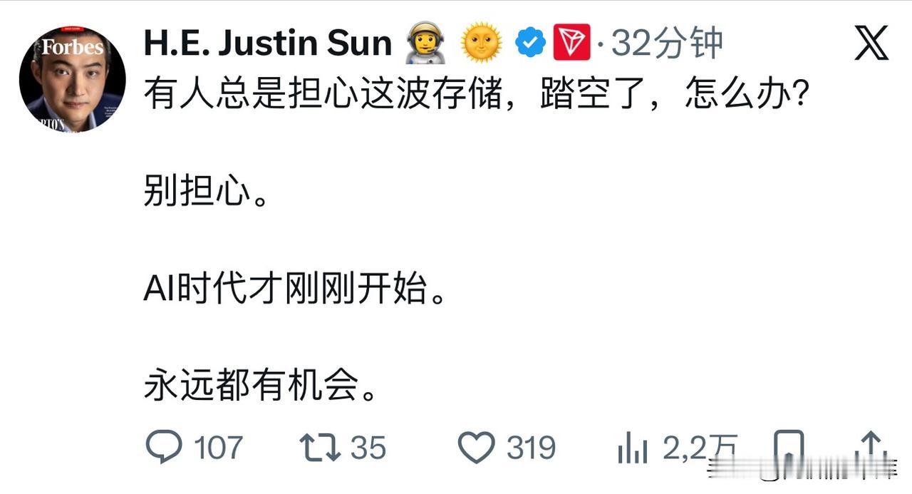 90后中国首富孙宇晨说了，这一轮储存行情踏空了不要担心，AI时代一切都是刚刚开始