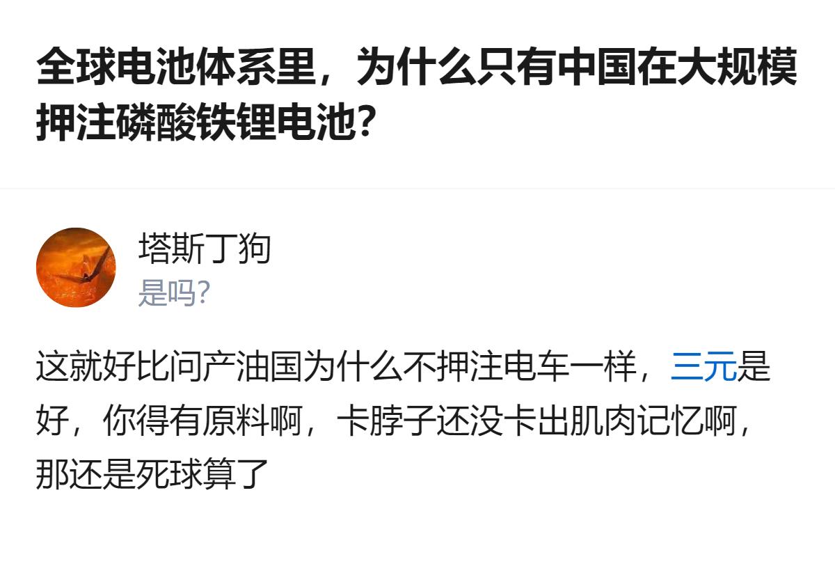 全球电池体系里，只有中国大规模押注磷酸铁锂电池，核心原因是有对应的原料支撑，这是