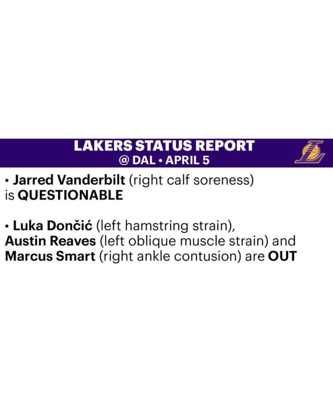 明天早上湖人客场挑战独行侠，范德比尔特出战成疑，斯玛特缺席第7场！卢卡和里夫斯将