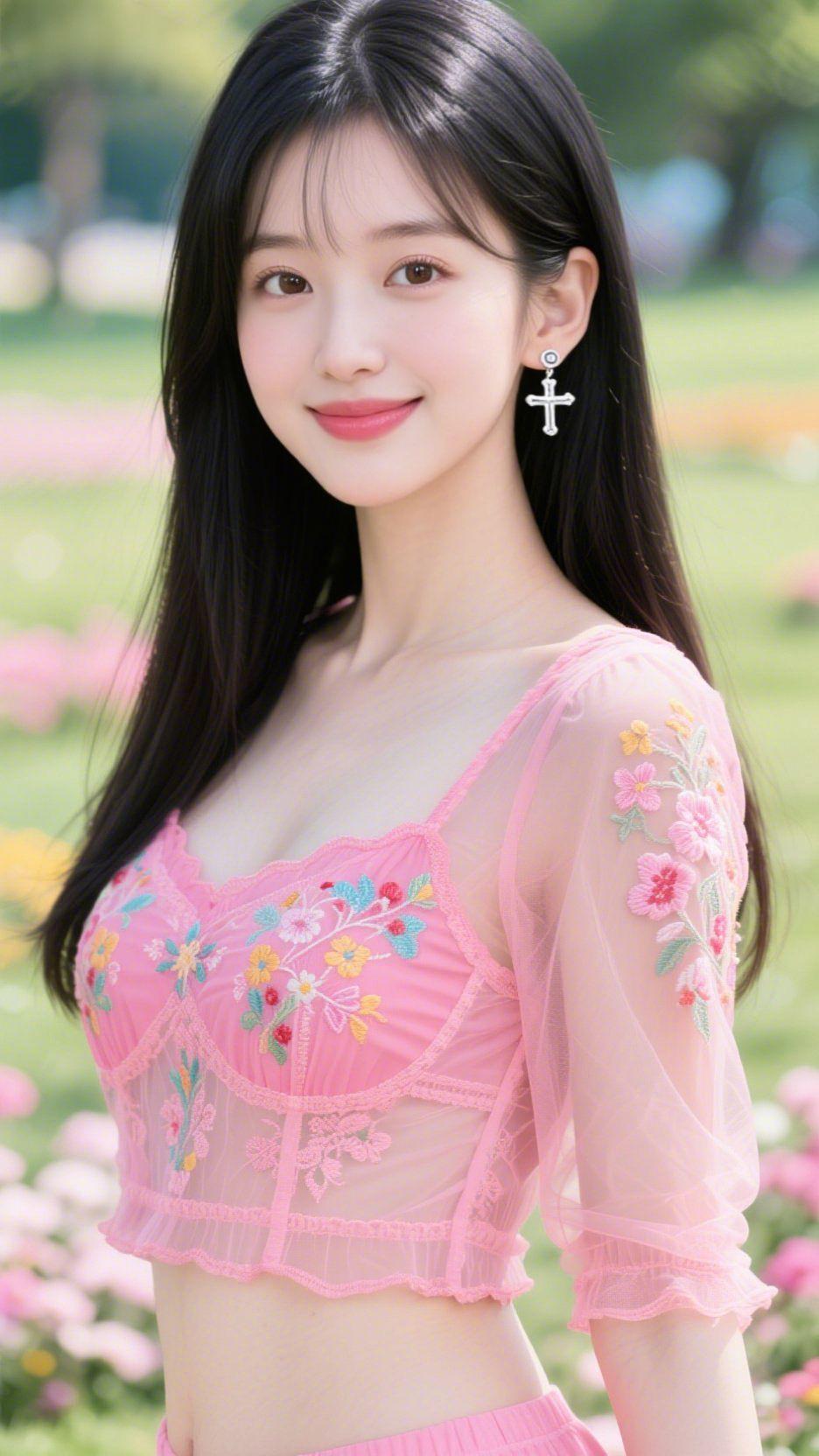 粉韵赴春光
 
柔粉衣衫揉进春日花海，像揉碎的蜜桃汽水，裹着清甜的风。绣在衣袂的