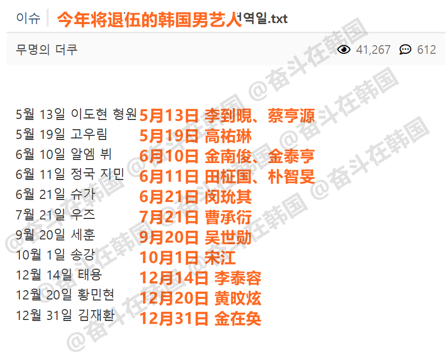 今年将退伍的韩国男艺人 海外新鲜事热点现场 ​​​