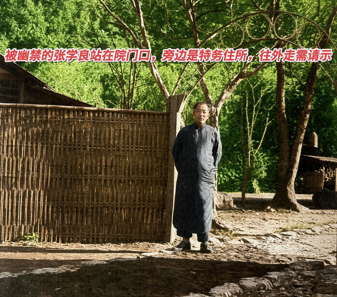 1950年左右，幽居于中国台湾井上温泉的张学良，身着一袭长袍，伫立在院落竹篱大门