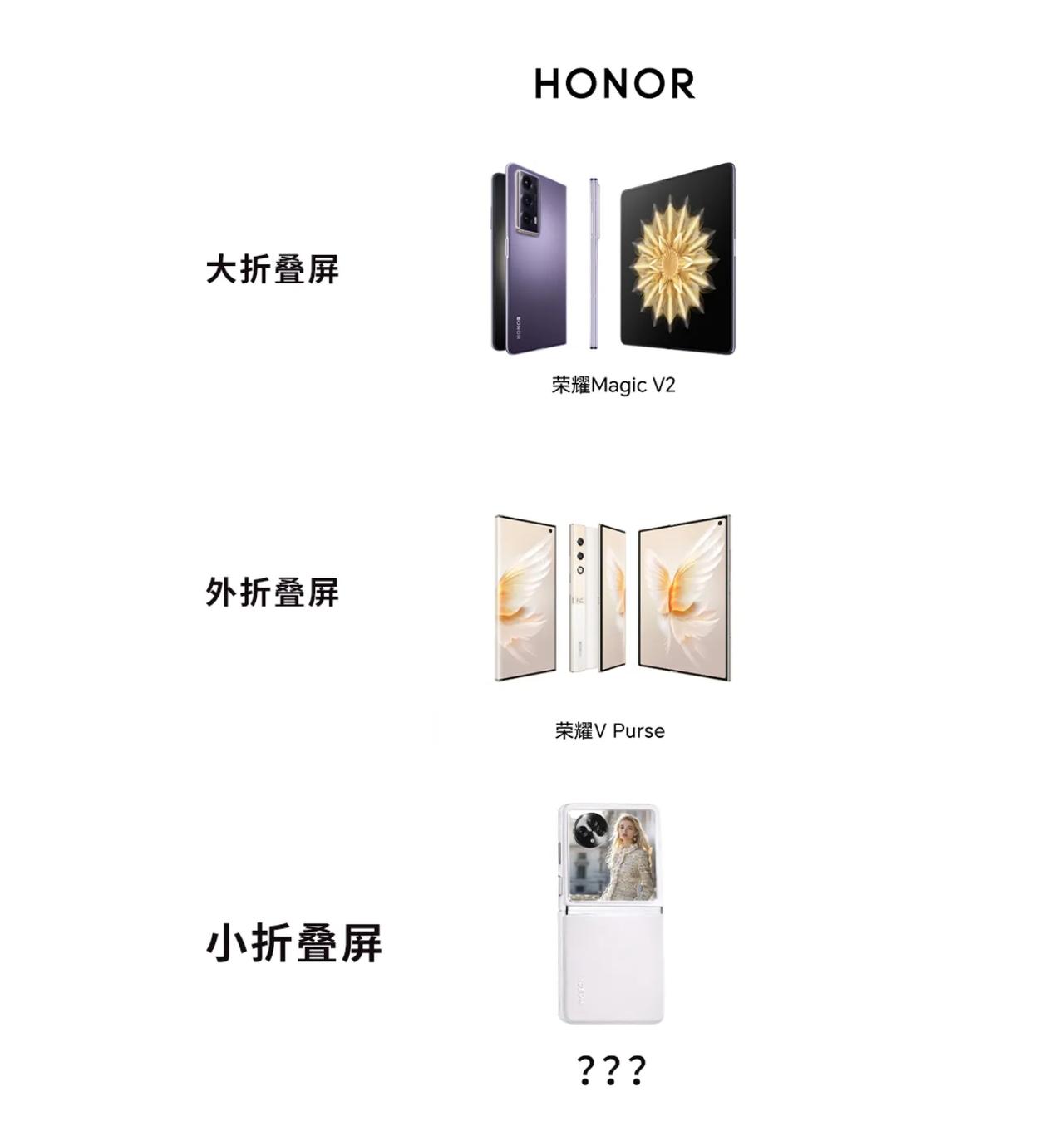 荣耀大折叠叫荣耀Magic V2
外折叠叫荣耀V Purse
那么荣耀小折叠叫什