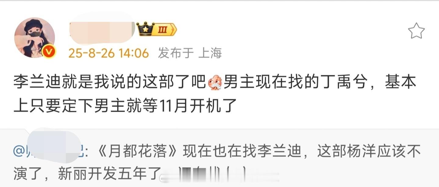 🍉：丁禹兮、李兰迪《月都花落》，新丽开发了五年的项目，只要码到男主就坐等11月