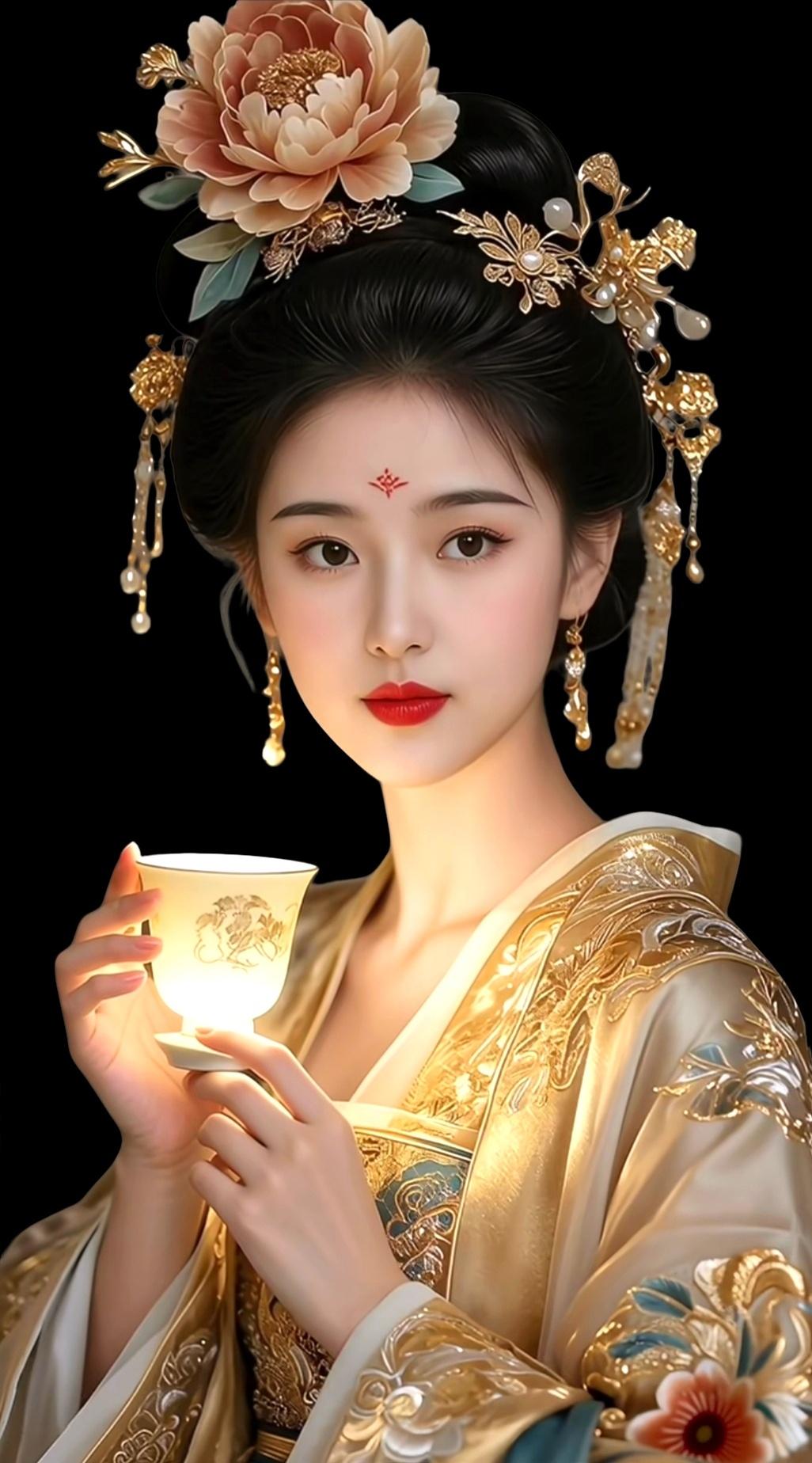 古风美人，手持茶盏，花钿点额，韵味十足美女的美丽体现在何处呢？ 国风花钿 古风少