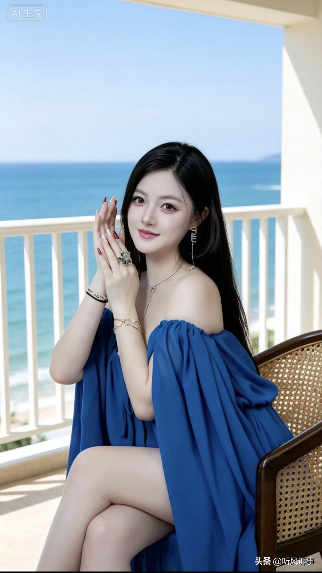 双手轻合置于脸颊旁，精致的首饰层层点缀，戒指、手链与长款耳饰格外亮眼，红调美甲增