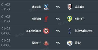 北京时间1月2日，英超第19轮剩下的4场赛程如下：

01：30开球的有两场比赛