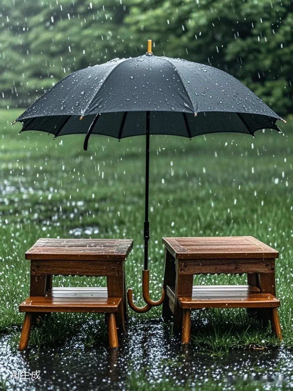 老天给力，总算是下了一场酣畅淋漓的雨了，两个老太太每人顶着把伞。带着板凳，坐在雨