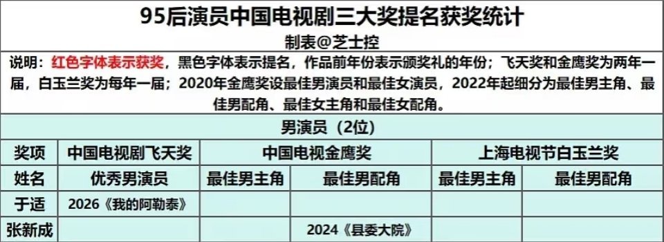 95生四大演技派 95生提名电视剧三大奖的仅两位：于适《我的阿勒泰》飞天奖优秀男