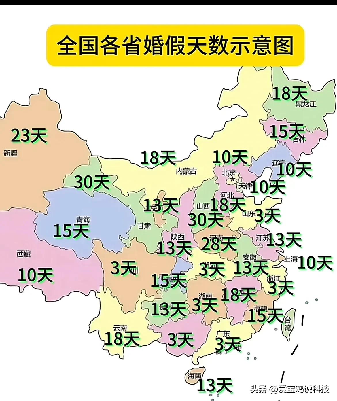 全国各省婚假天数示意图！

大家休了几天婚假呢？[笑哭]