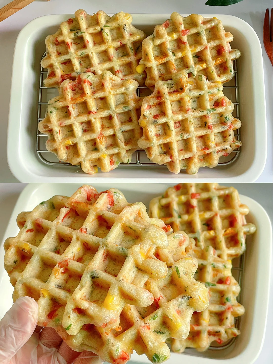 免揉面‼️自制葱香肉松华夫饼，松软好吃