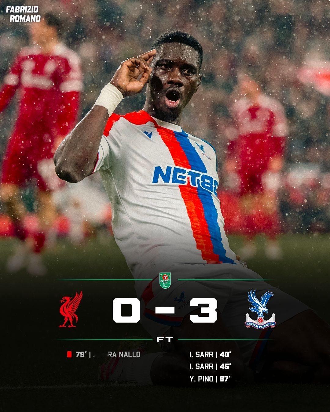 利物浦0比3水晶宫水晶宫淘汰利物浦，晋级联赛杯下一轮！ ​​​