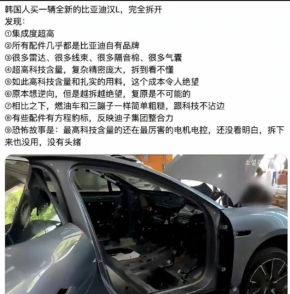 据说韩国人拆了辆比亚迪汉L，结果傻眼了，把自己给拆崩溃了… 