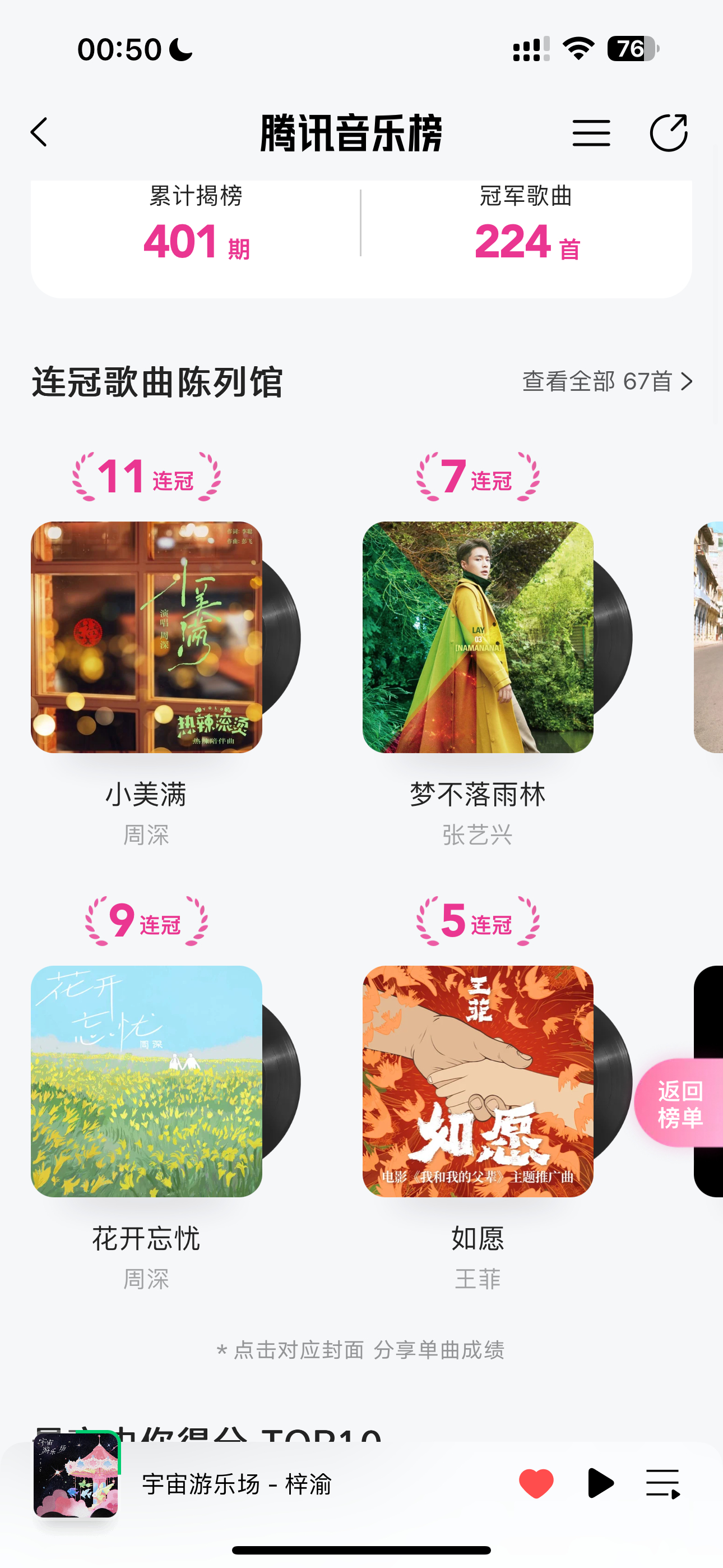 凌绝顶二连冠可以进【连冠歌曲陈列馆】🎉🎉🎉陈列馆之前总共只有67首歌，6️