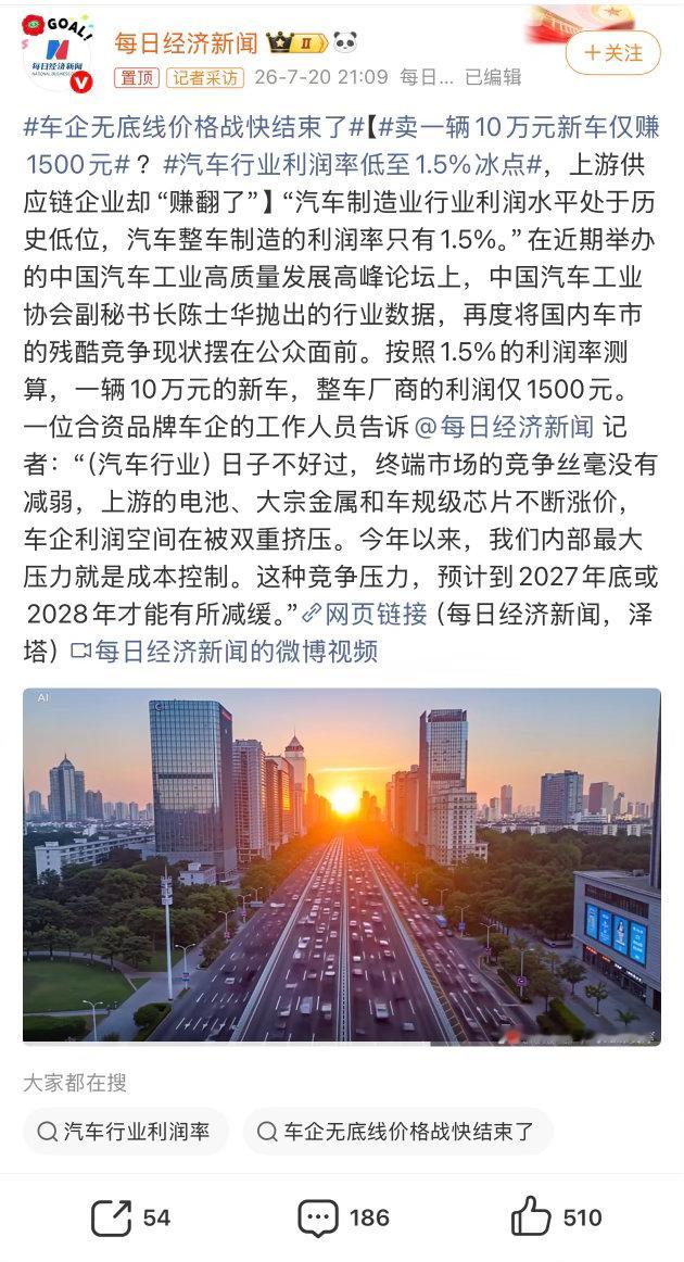 卖一辆10万元新车仅赚1500元看完这个数据挺感慨，整车制造利润率仅仅1.5%，