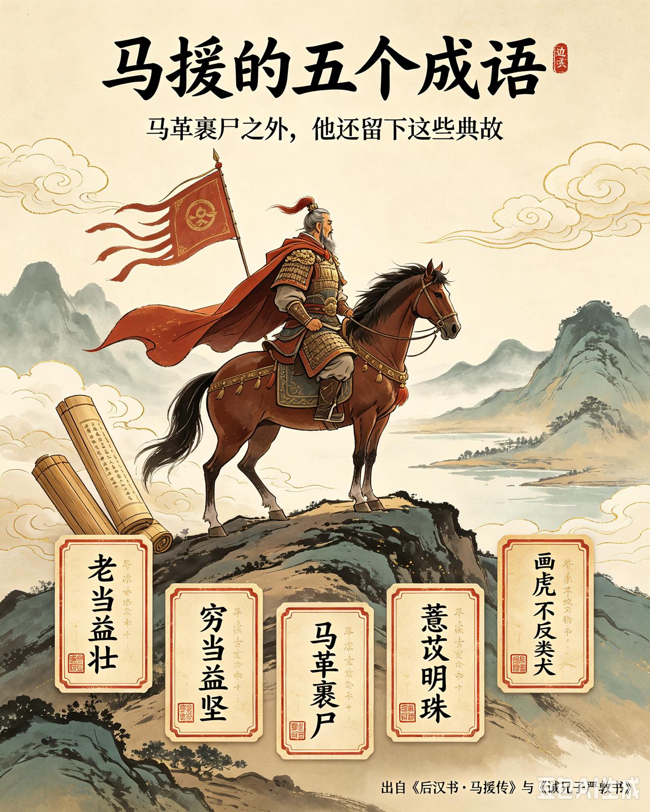 伏波将军马援贡献出来的成语:

老当益壮

马革裹尸

穷当益坚

薏苡明珠
