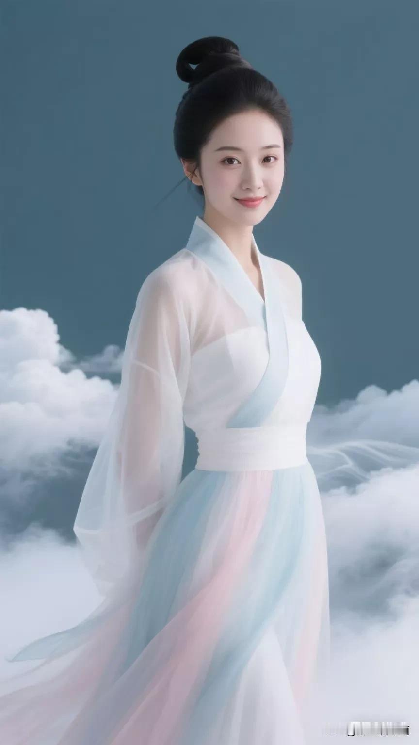 仙气飘飘的汉服少女，云雾缭绕中宛如画中人。张立启原创书画AI作品古仕女发髻集锦首
