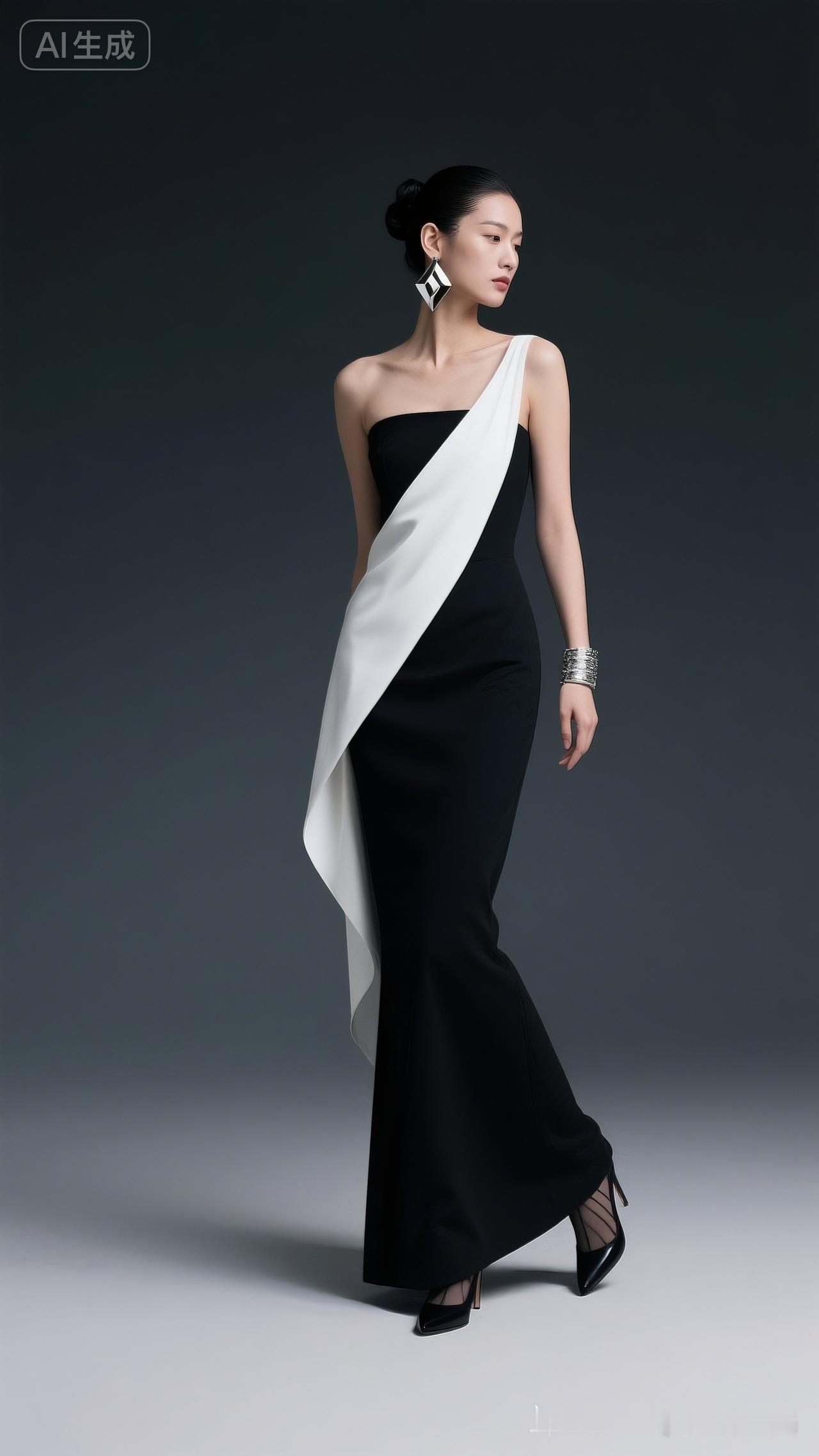 女子发髻利落优雅，佩戴几何风耳环。身着黑色抹胸长裙，搭配白色不对称垂坠剪裁，腕间