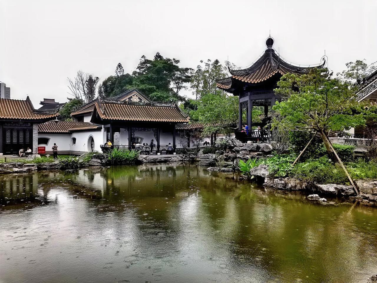 春雨中的岭南园林。