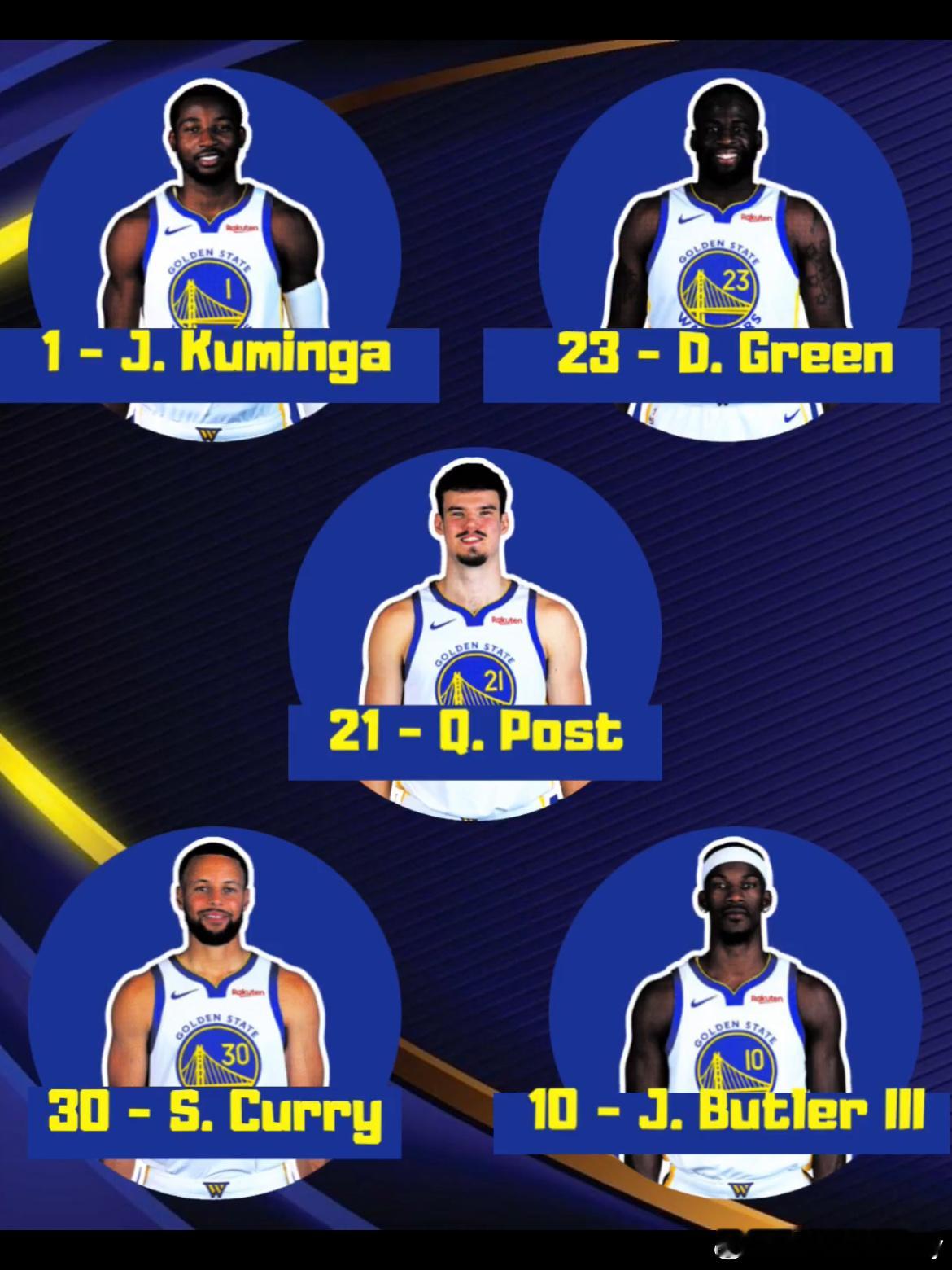 波斯特再上首发！霍福德、波杰姆斯基替补。😯勇士首发：斯蒂芬·库里、巴特勒、库明
