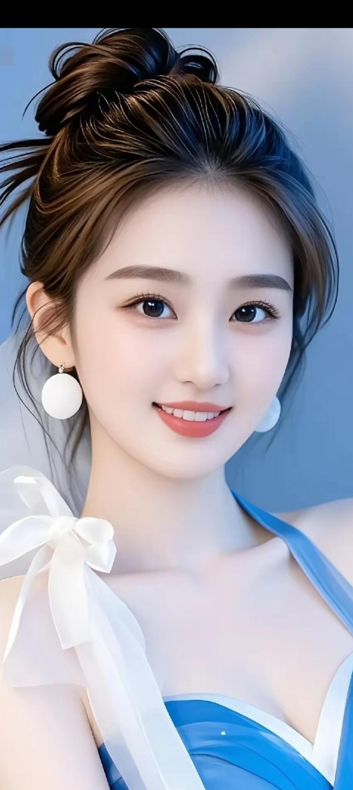 甜美优雅的蓝裙少女，微笑动人，珍珠耳环点缀，散发迷人魅力！🌸💎✨