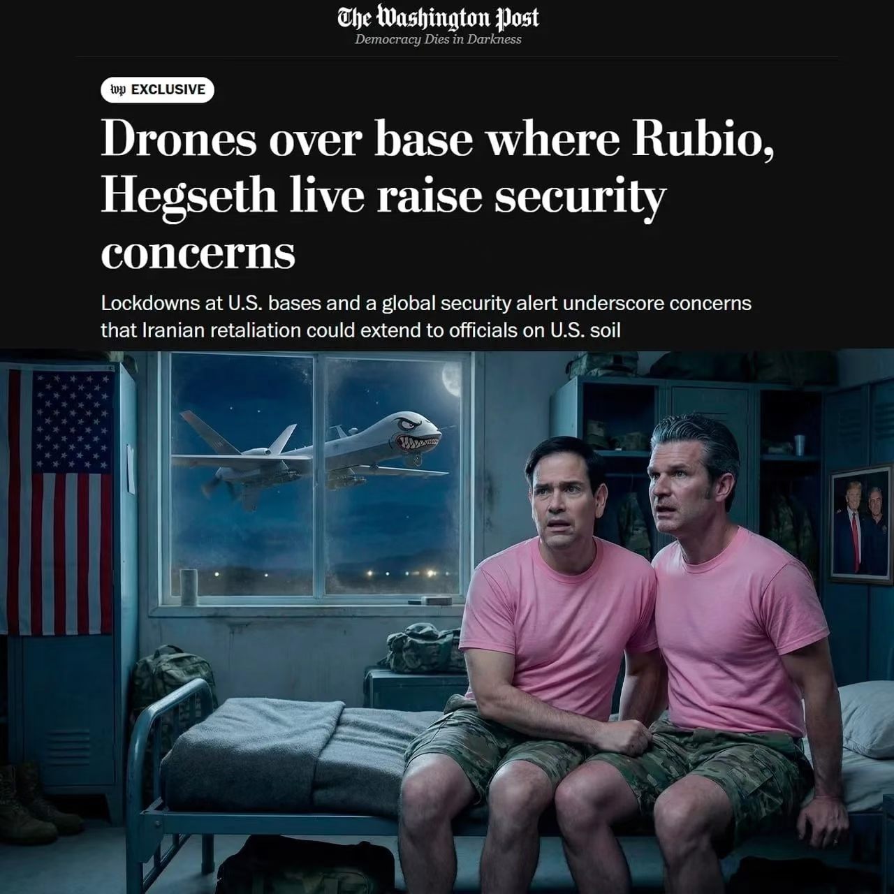 《华盛顿邮报》报道的配图很有新意， 墙上挂着特朗普和爱泼斯坦, 床上坐着国务卿卢