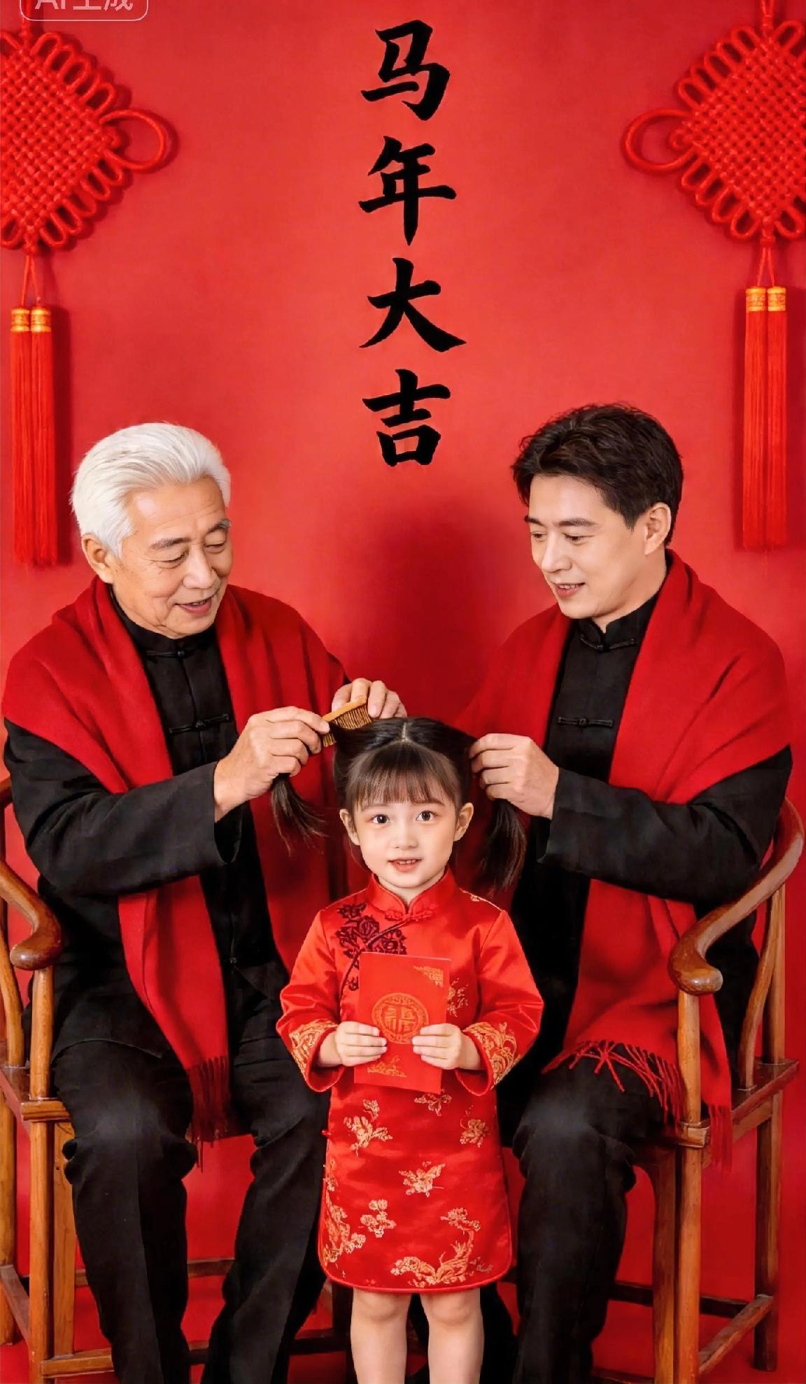 红墙映着“马年大吉”，祖孙三代围坐成最暖的风景。爷爷的木梳轻轻穿过发间，爸爸的指