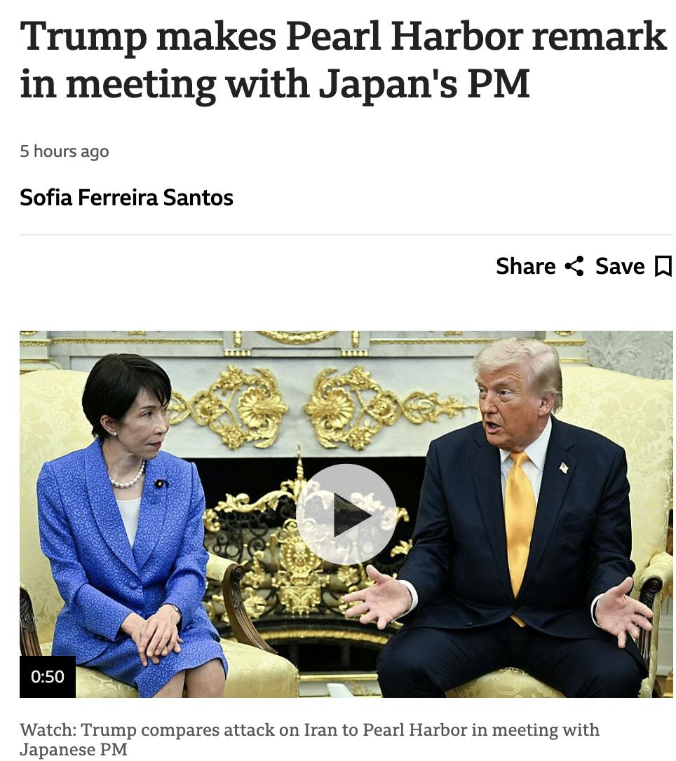 英媒：特朗普在与日本首相高市早苗会面时提及珍珠港事件引发争议。

当被问及为何未
