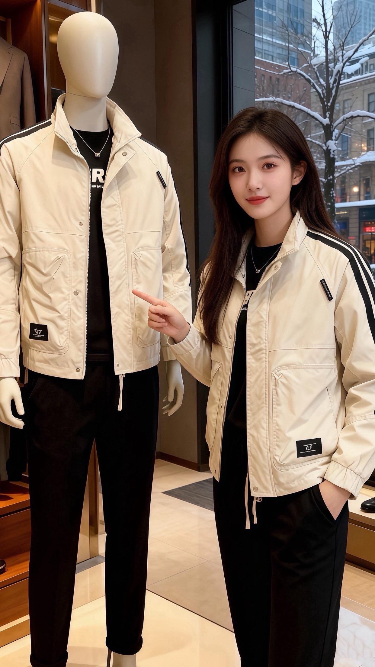 《秋雨中的撞色》  她推门进来时，雨丝还沾在发梢。  米白夹克衬得肤色...